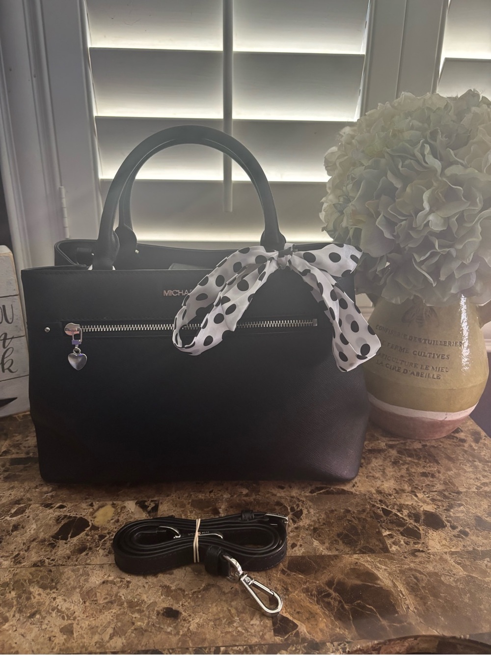 Michael Kors Black Saffiano Leather Satchel with Polka Dot Scarf Accent